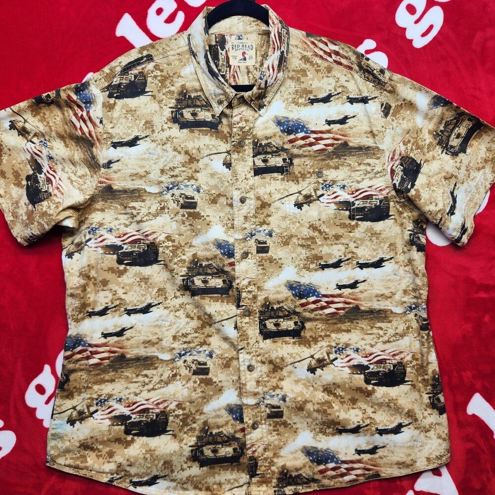 RedHead Brand Co Mens Military Camo Button Up Shirt American Flag Tanks 2XL